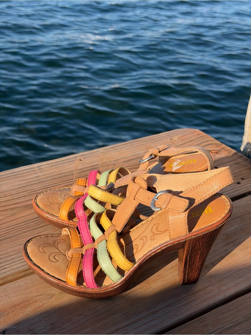 Born Multicolor Strappy Leather Heeled Sandals - Tan Pink Yellow Green